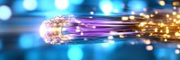 Glowing fiber optic cable with streaming light trails and bokeh effects on blue background, showcasing high-speed data transmission and digital connectivity.
