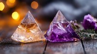 Crystal pyramids with amethyst and citrine on rustic wooden surface against blurred golden bokeh lights and purple flowers, creating mystical atmosphere.