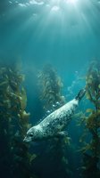 Spotted seal swimming through underwater kelp forest with sunbeams filtering down from ocean surface creating magical marine environment for wildlife photography.