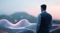 Businessman in formal attire gazes at mountain landscape with digital wave visualization at sunset, representing technology innovation and future vision.
