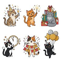 Cartoon cats celebrating with party elements including champagne, gifts, balloons, clock, and festive decorations on white background. Isolated clipart suitable for greeting cards, invitations, t-shirts, and party designs.