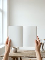 Woman holding open blank magazine or brochure with white pages for mockup design, advertising, and marketing presentations in bright natural light studio setting.