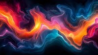 Vibrant abstract waves of glowing neon colors flow across dark background creating dynamic energy pattern with orange, blue, and pink luminous streaks.