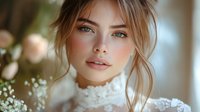 Young Caucasian woman in white lace dress with soft natural makeup and loose updo hairstyle gazes dreamily in gentle window light surrounded by delicate white flowers.