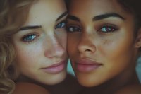 Close up portrait of two diverse young women with natural makeup and freckles showing unity and friendship against blurred turquoise background.