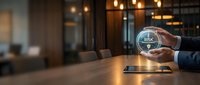Businessman holding glowing sphere with risk assessment icon in modern office boardroom for strategic planning and decision making.