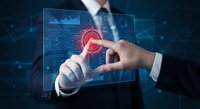 Businessman touching futuristic holographic interface with glowing red target button and digital data analytics dashboard for business technology solutions.