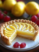 Fresh lemon tart with flaky pastry crust, decorated with sliced lemons in spiral pattern, served with raspberries, one slice removed showing creamy filling.