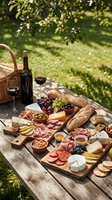Outdoor picnic spread with wine, charcuterie boards featuring cured meats, cheeses, olives, grapes, bread, and nuts on wooden table under tree shade.