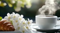 Steaming coffee cup with fresh croissant and delicate white spring cherry blossoms on wooden table, creating cozy morning atmosphere for food and lifestyle designs.