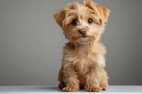 Adorable Yorkshire Terrier puppy with bright blue eyes and golden brown fur sitting attentively on white surface against neutral gray background.