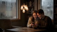 Young couple sharing intimate moment looking at smartphone together in cozy cafe with warm pendant lighting and rainy window backdrop.
