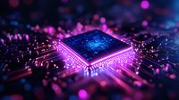 Glowing microchip on circuit board with purple and pink neon lights, digital technology concept showing electronic paths and processor connections in futuristic style.
