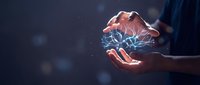 Hands holding glowing digital brain with neural network connections, representing artificial intelligence, technology innovation, and machine learning concepts for business solutions.