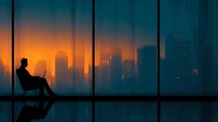 Business professional silhouette sitting by floor-to-ceiling windows overlooking illuminated city skyline at sunset for corporate and success concepts.