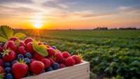 Fresh strawberries and blueberries in wooden crate at sunrise over agricultural field. Organic berry harvest concept for healthy eating and farming.