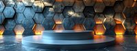 Modern circular podium display with dramatic lighting against futuristic hexagonal wall background, perfect for product presentation or digital advertising backdrop.