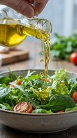 Pouring golden olive oil from bottle onto fresh green salad with tomatoes and leafy greens in ceramic bowl for cooking and food preparation.