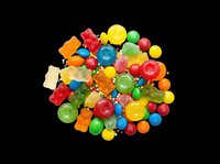 Colorful mixed candy pile with gummy bears, jelly candies, and coated chocolates, isolated on transparent background, ready for stickers, t-shirt design, and print on demand.
