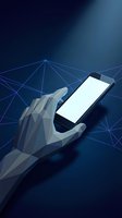 Low poly hand holding smartphone with blank screen on blue network background for digital technology and communication concepts.