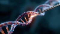 Glowing DNA molecule strand being modified with medical tweezers on dark background, genetic engineering and biotechnology research concept visualization.