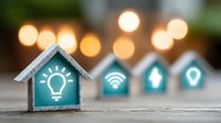 Small wooden house models with glowing smart home icons and wifi symbols against blurred bokeh background, showcasing modern home automation technology.
