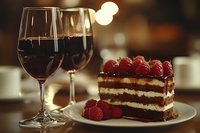 Chocolate layer cake with fresh raspberries served alongside two glasses of red wine on wooden table. Romantic restaurant setting with soft bokeh lights in background.