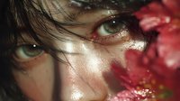 Intense close-up of young woman's green eyes with dark hair strands and red flower petals partially covering face, creating dramatic contrast.