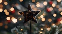 Glowing star ornament on Christmas tree with soft bokeh lights in background creating magical holiday atmosphere and festive mood.