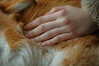 Gentle female hand caressing soft ginger and white cat fur in warm natural lighting, creating intimate pet care moment for veterinary and animal wellness concepts.