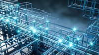 Abstract blue wireframe cubes floating in digital space with glowing light effects for technology presentations and futuristic design projects.