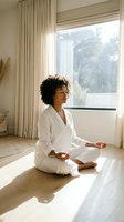 Woman with curly dark hair and medium skin tone meditating in lotus position wearing white clothing in bright modern bedroom with large windows and neutral decor for wellness and mindfulness content.