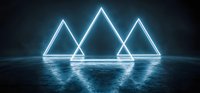 Glowing neon blue triangular shapes reflected on wet surface creating futuristic geometric composition with light trails in dark atmospheric background.
