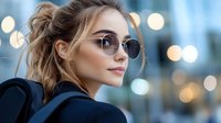 Young Caucasian woman with blonde hair in sunglasses looking away thoughtfully against blurred city lights background, wearing dark coat, natural makeup and messy bun hairstyle.