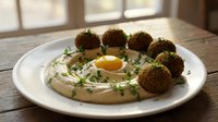 Fresh homemade falafel balls with creamy hummus dip garnished with herbs and olive oil on white plate, traditional Middle Eastern cuisine for healthy dining.