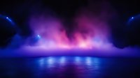Dramatic neon pink and blue fog over reflective surface creates mystical atmosphere with glowing lights and misty horizon for entertainment and stage backgrounds.
