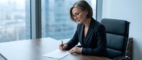 Middle-aged woman with light skin tone and shoulder-length brown hair wearing glasses and dark blazer, sitting at desk in modern high-rise office, writing on document with city skyline visible through floor-to-ceiling windows behind her, professional business environment.