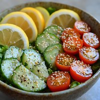 Fresh salad bowl with sliced cucumber, cherry tomatoes, lemon wedges, and sesame seeds on green lettuce. Vibrant healthy food composition for restaurant menu.