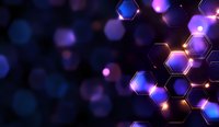 Glowing hexagonal shapes with blue and purple bokeh effect on dark background create futuristic technological pattern for science and innovation concepts.