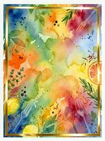 Vibrant watercolor background with citrus fruits, botanical elements, and splattered paint effects in rainbow colors. Suitable for design projects.