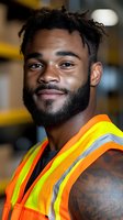 Young African American male warehouse worker wearing safety vest smiles confidently at camera. Professional portrait showing diversity in industrial workplace setting.