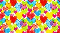 Colorful hand-drawn hearts seamless pattern with vibrant rainbow colors on yellow background, tiles perfectly for romantic designs and love-themed projects.