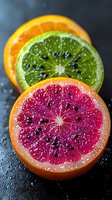 Fresh citrus slices of blood orange, lime and regular orange arranged on dark wet surface with water drops, macro shot showing juicy pulp texture.