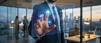 Businessman in suit touching glowing virtual interface with digital icons in modern office, city view background, technology concept.
