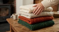 Woman organizing colorful knitted sweaters on wooden table near fireplace creating cozy autumn home atmosphere for seasonal wardrobe preparation.