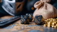 Dark blue polyhedral dice with golden numbers on aged map background, next to treasure pouch and golden coins, fantasy tabletop gaming setup.