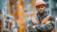 Confident African American construction worker in safety gear and hard hat smiling at camera with arms crossed on building site background.