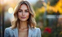 Young Caucasian businesswoman with blonde wavy hair and natural makeup wearing grey blazer, smiling confidently against blurred autumn background with bokeh lights.