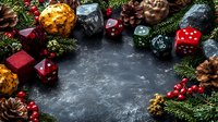 Christmas border with pine branches, red berries, golden baubles, dice and pine cones on dark stone background with copy space for festive design.