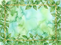 Watercolor botanical frame with green leaves and branches bordering soft aqua and lime wash background, suitable for invitations and design layouts.